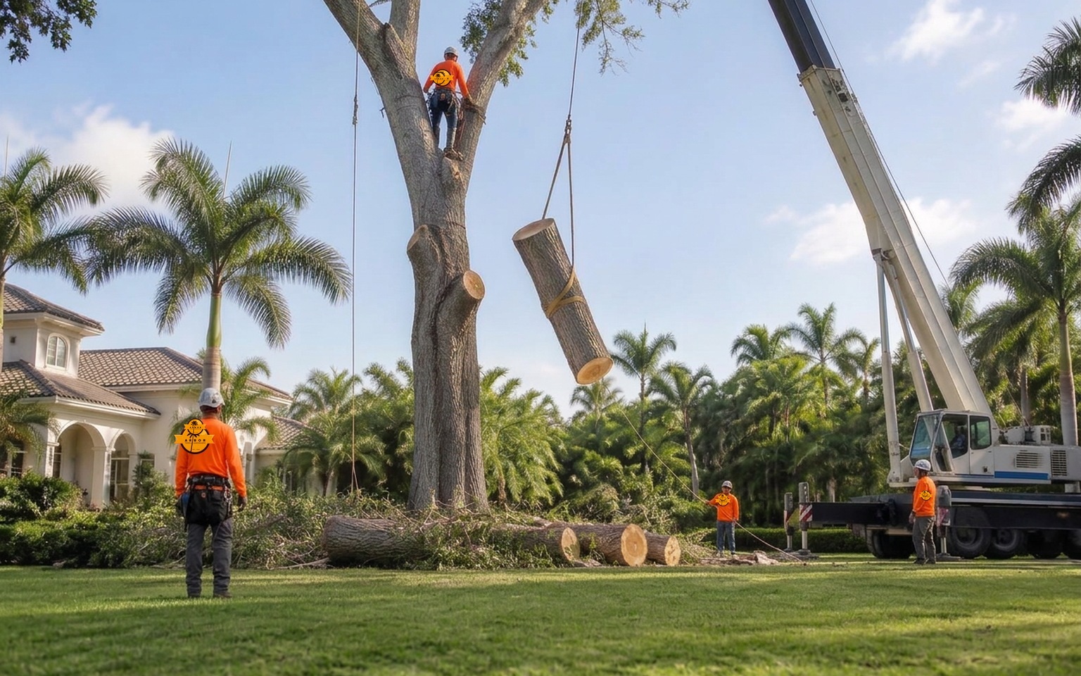 Controlled tree removal with crane support at a South Florida property