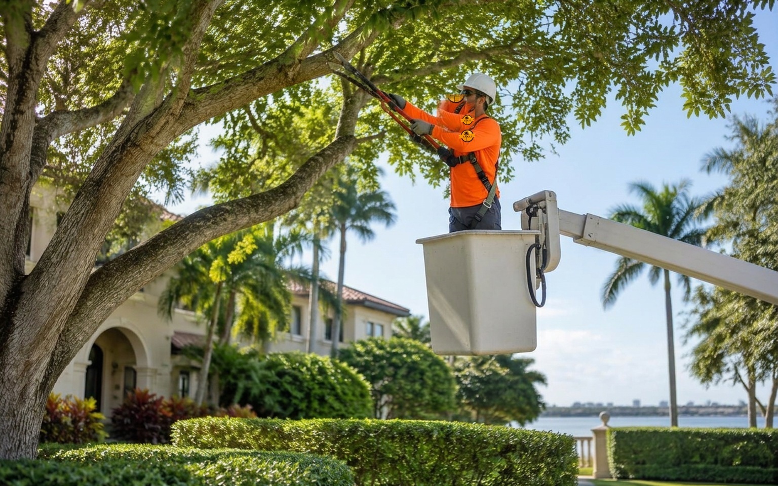 Tree trimming from a bucket lift at a tropical residential property
